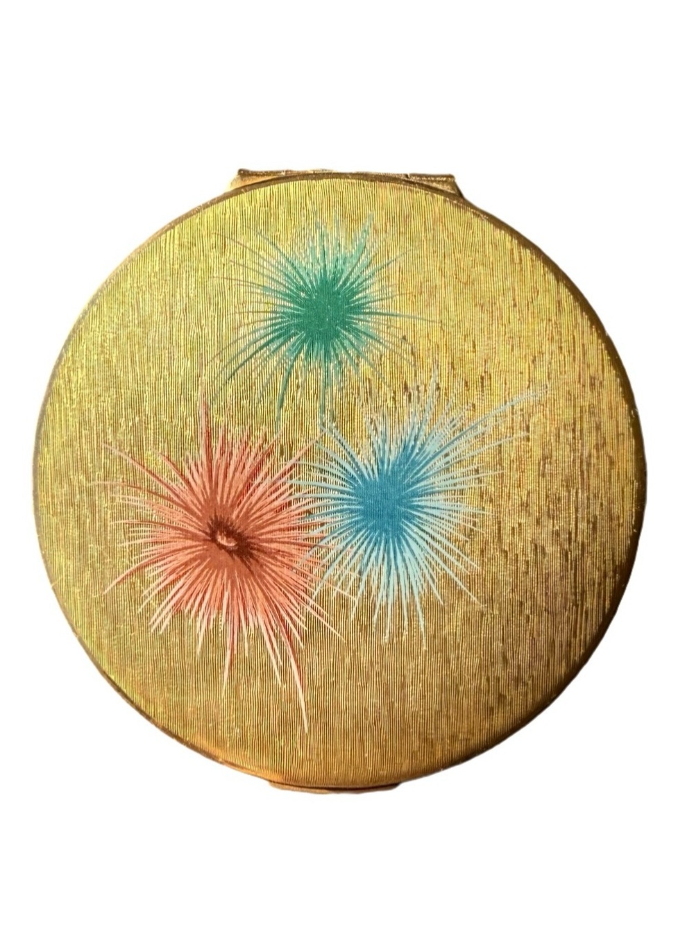 Vintage Mid Century Stratton Atomic Bursts Round Gold Tone Compact